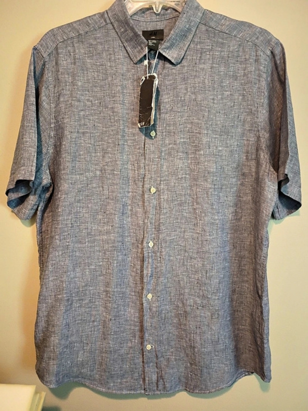 H&M Linen Short-Sleeve Shirt Linen Button Down Blue & Gray Size Large